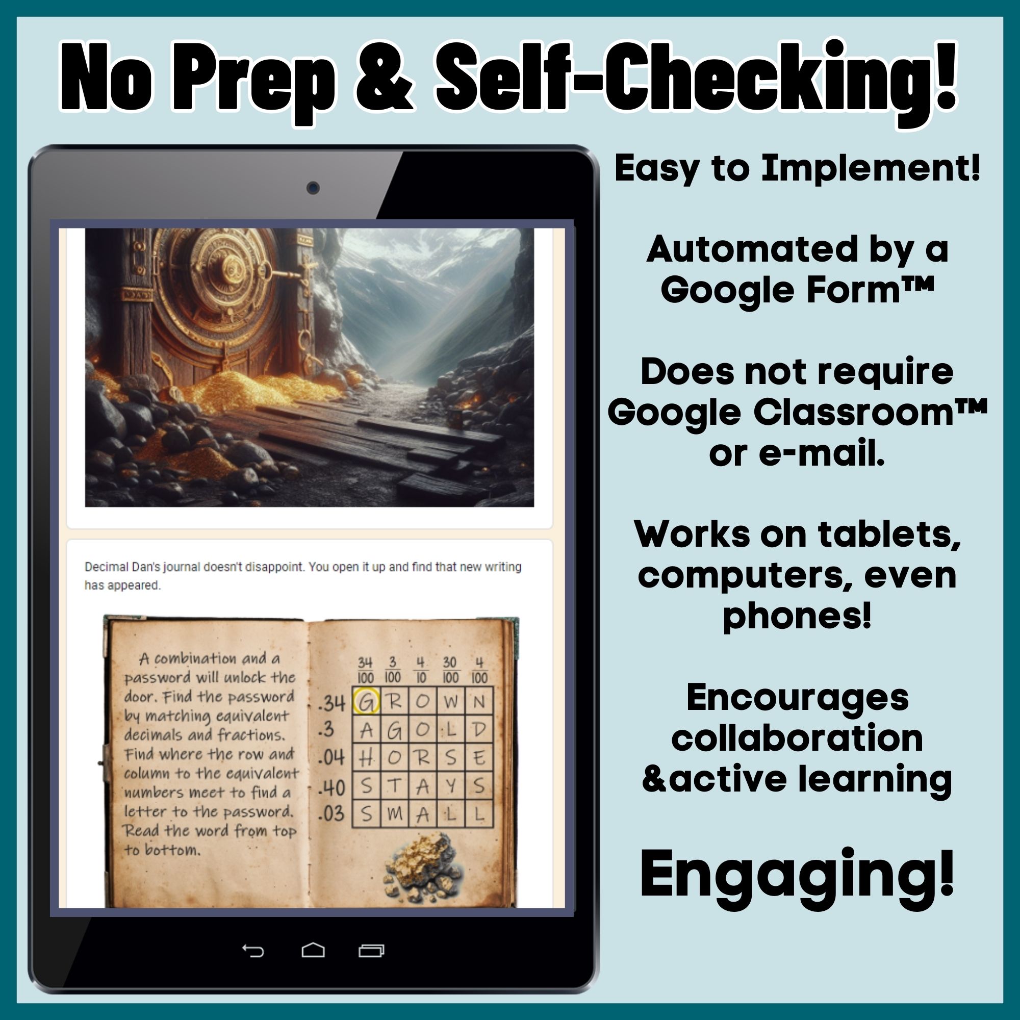 Tablet preview of a self-checking fractions and decimals puzzle from the 4th grade escape room bundle