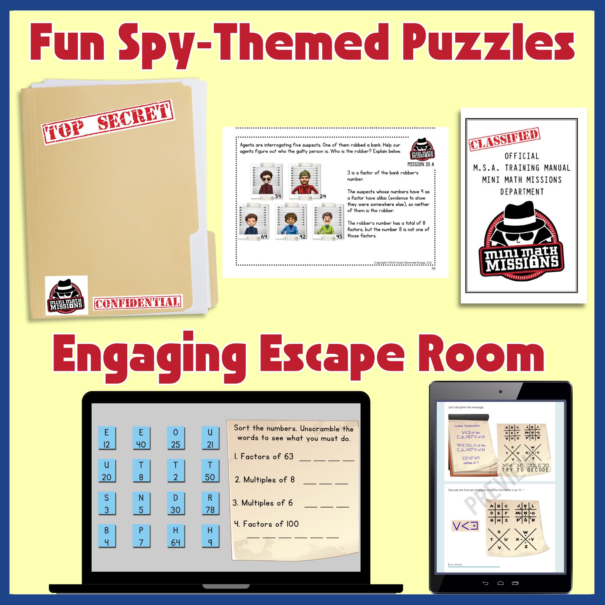 Factors and multiples task cards and digital escape room activity preview