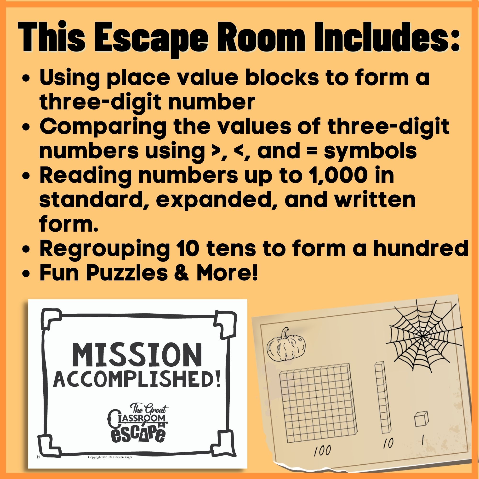 Place value skills and printable materials included in The Great Pumpkin Heist escape room