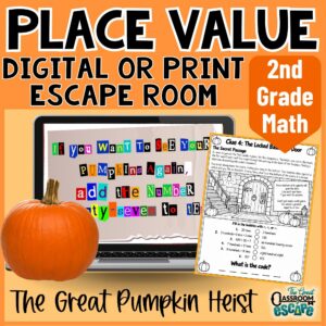 2nd grade Halloween place value escape room with printable and digital pumpkin-themed math activities