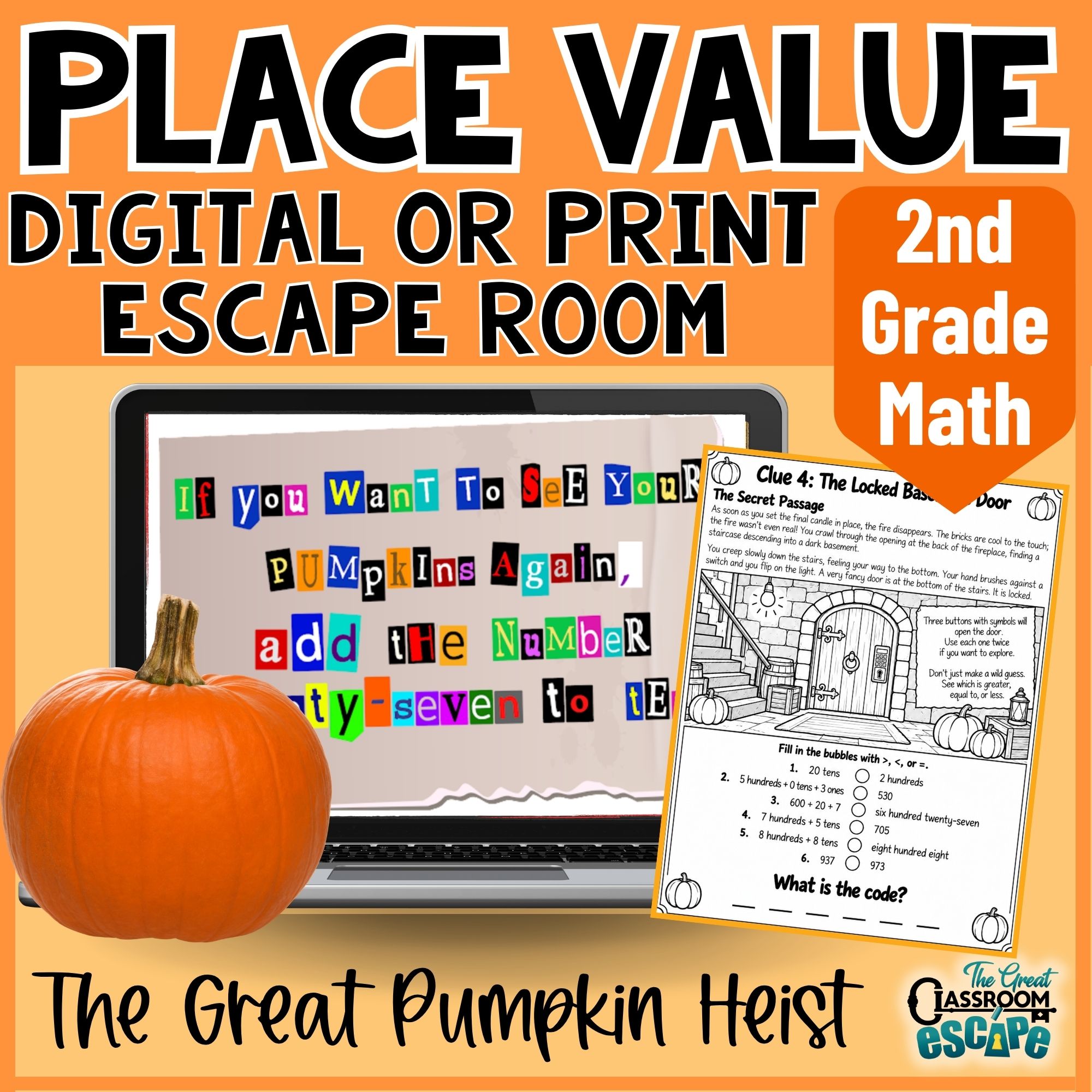 2nd grade Halloween place value escape room with printable and digital pumpkin-themed math activities