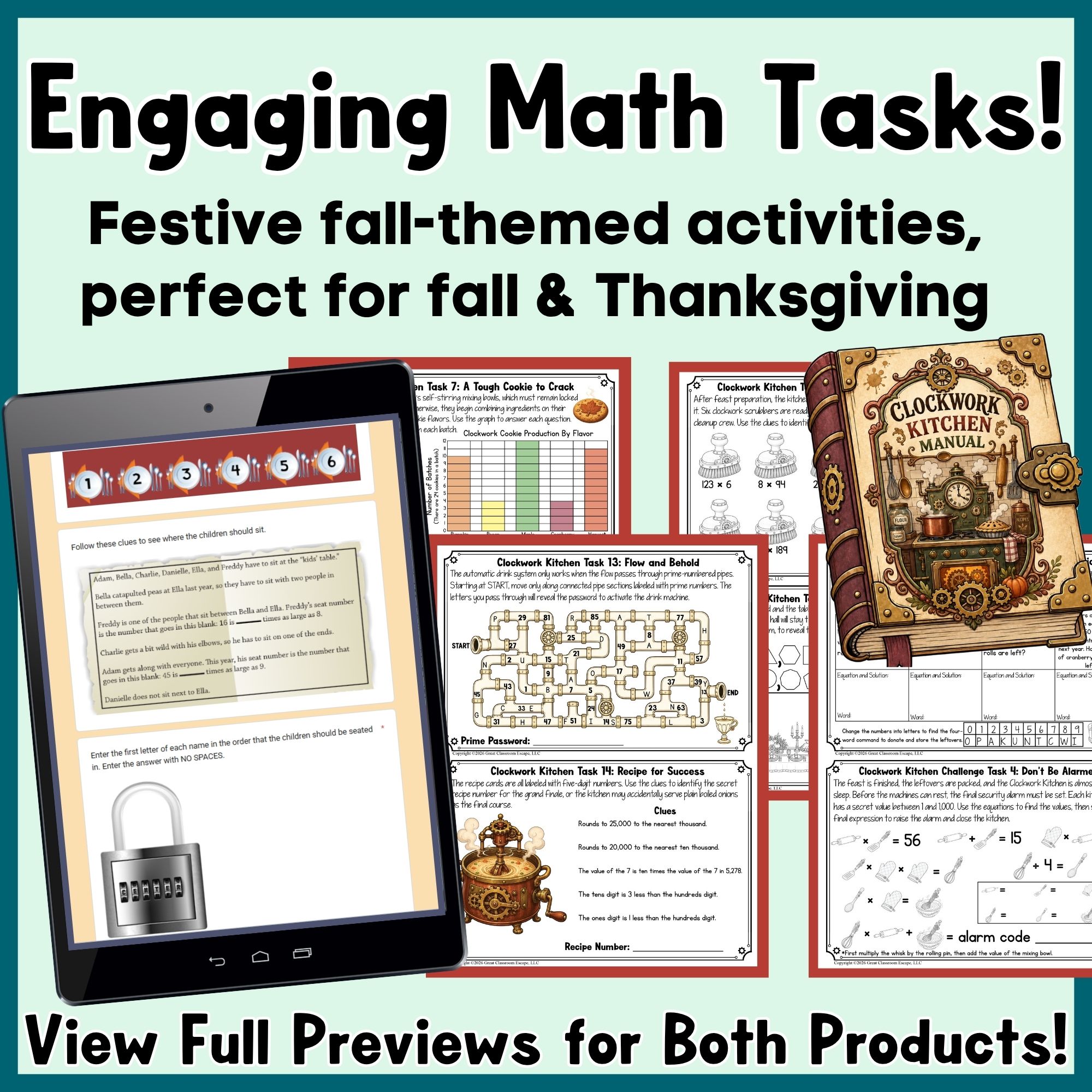 November 4th grade math escape room bundle with a Thanksgiving game and daily review tasks