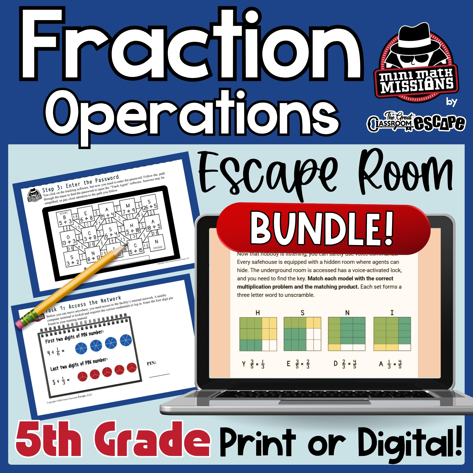 Fifth grade fraction operations printable and digital escape room bundle cover