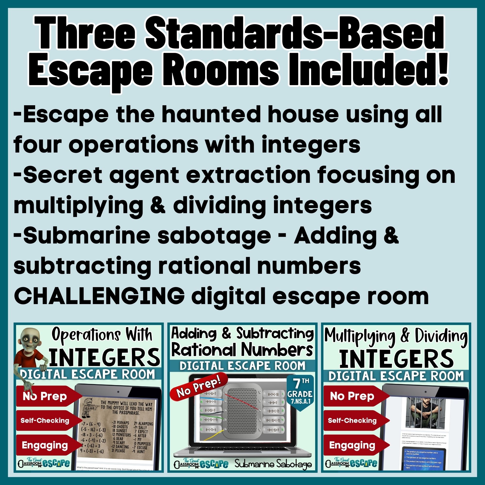 Pre-algebra escape room activities for operations with positive and negative integers
