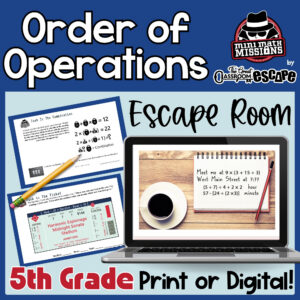 Cover of the print and digital 5th grade order of operations spy-themed escape room