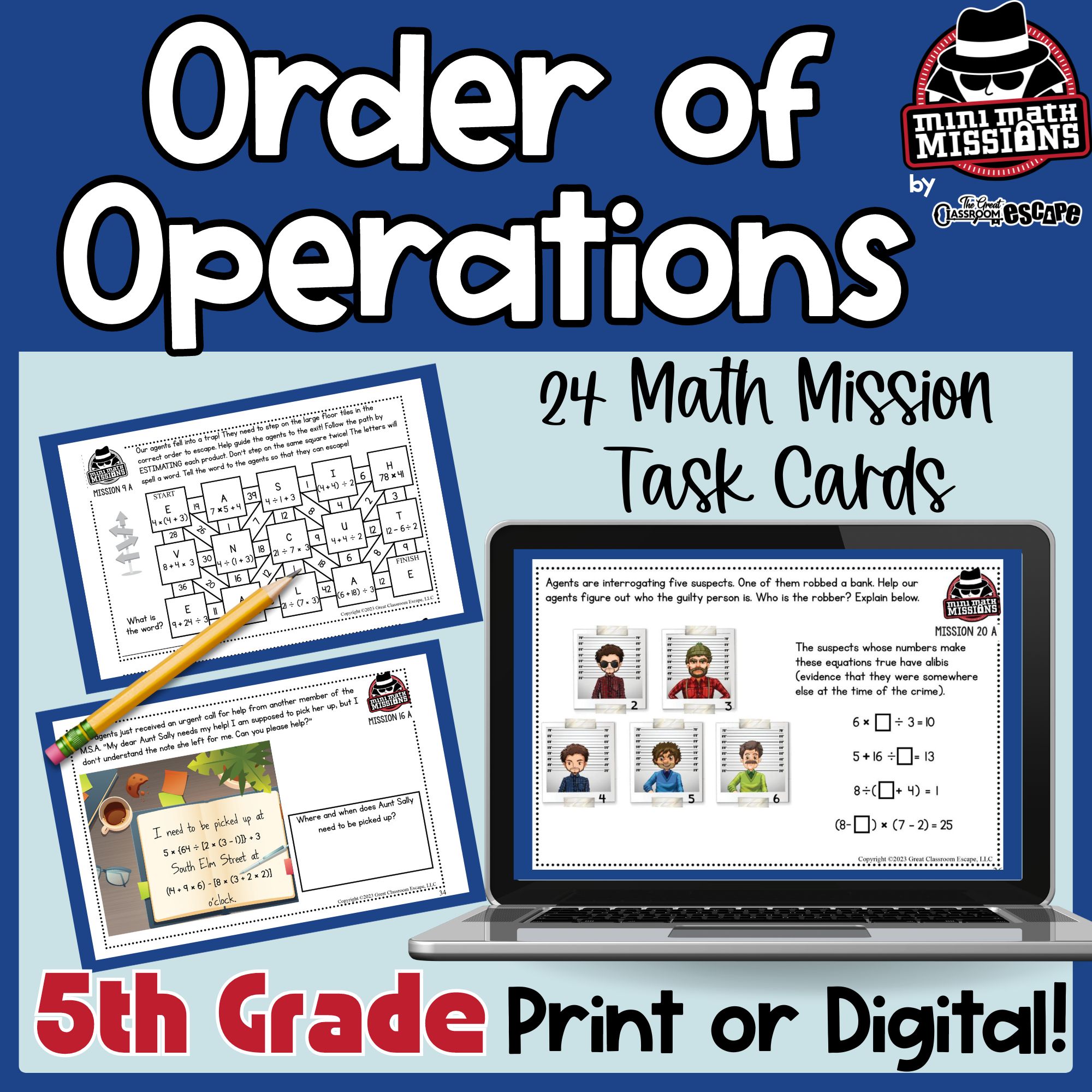 Fifth grade order of operations task card games and Mini Math Missions cover