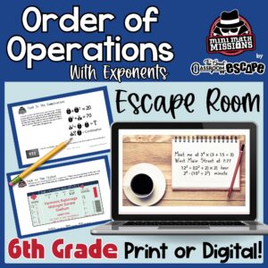 6th grade order of operations with exponents escape room cover