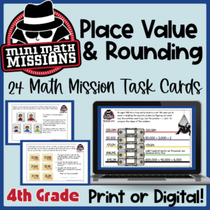 Fourth grade Mini Math Missions task cards for place value and rounding review