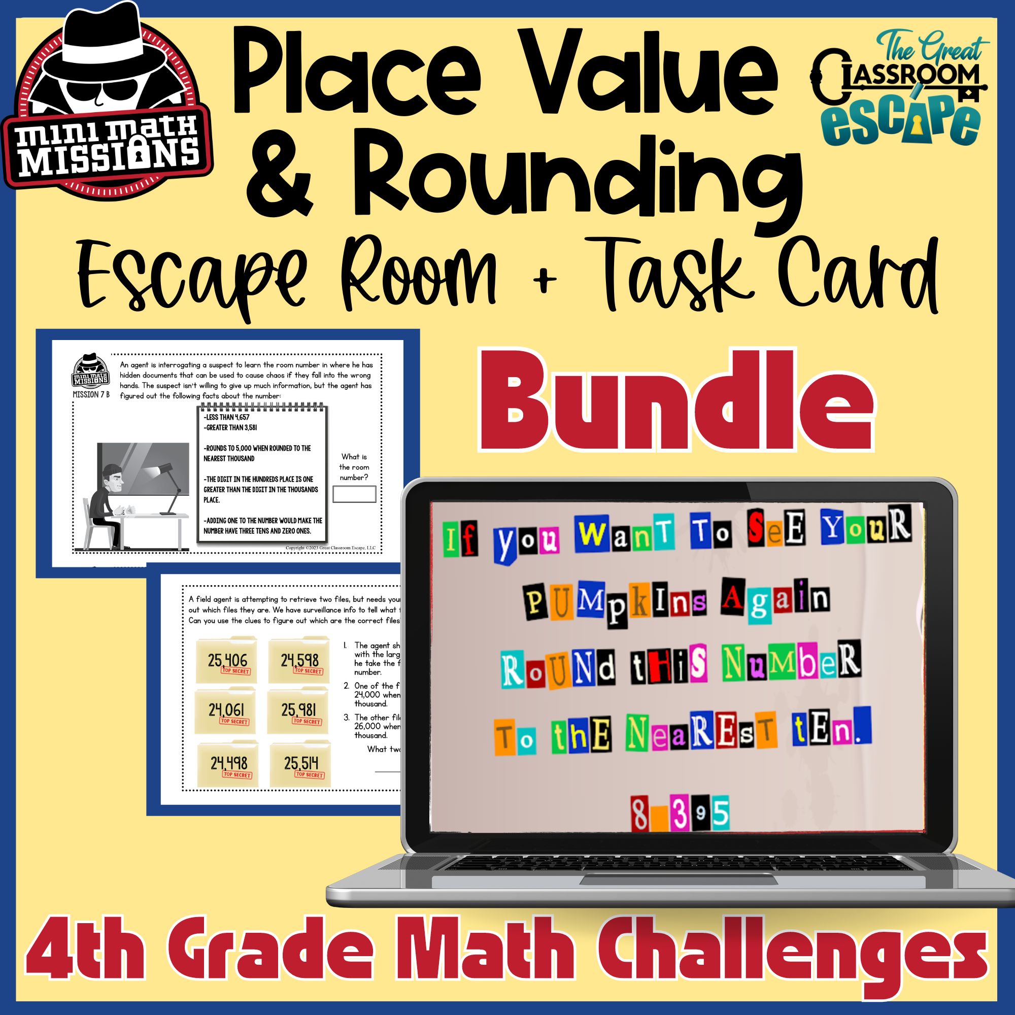 Fourth grade place value and rounding bundle with a digital escape room and task cards