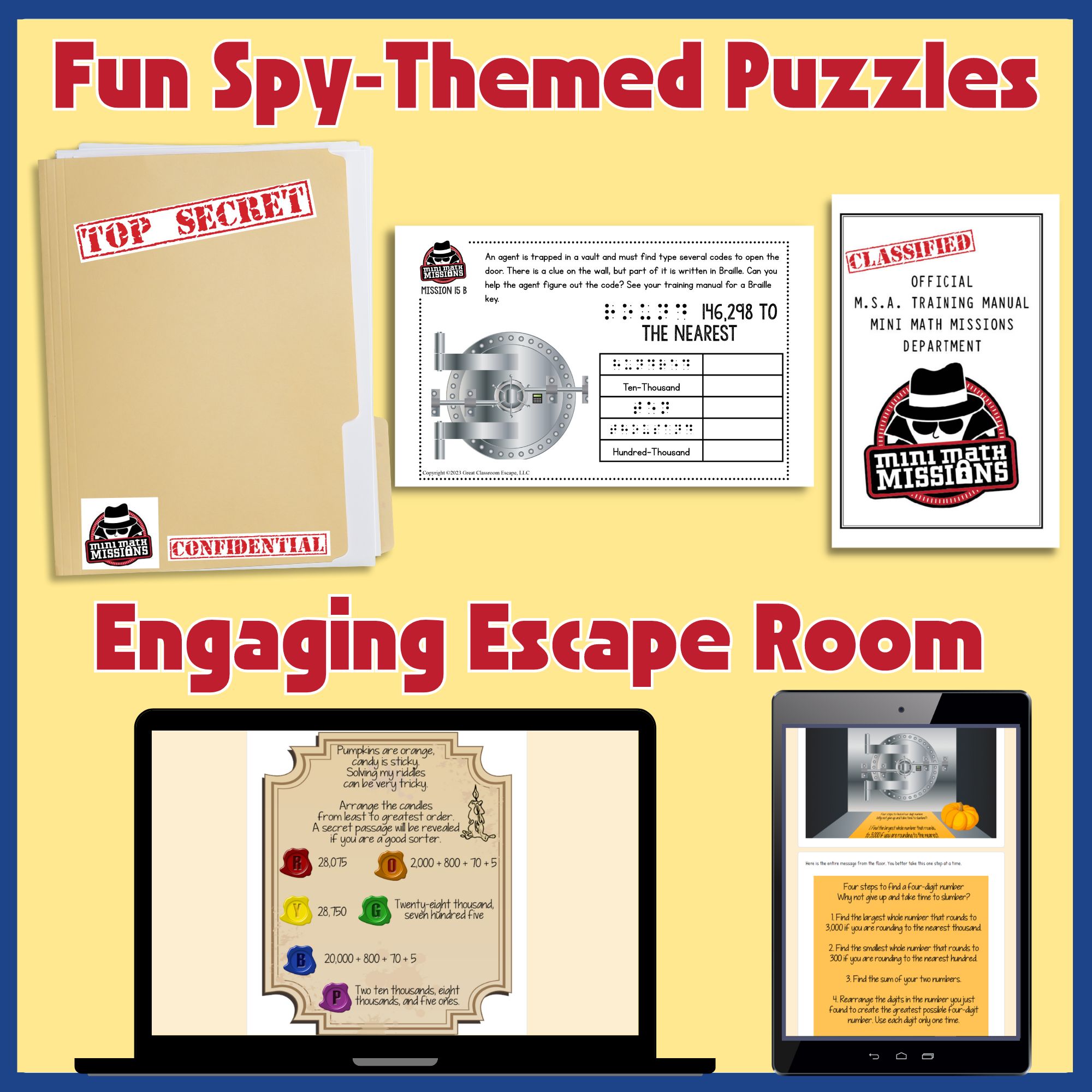 Spy-themed fourth grade activities for practicing place value, number forms, and rounding