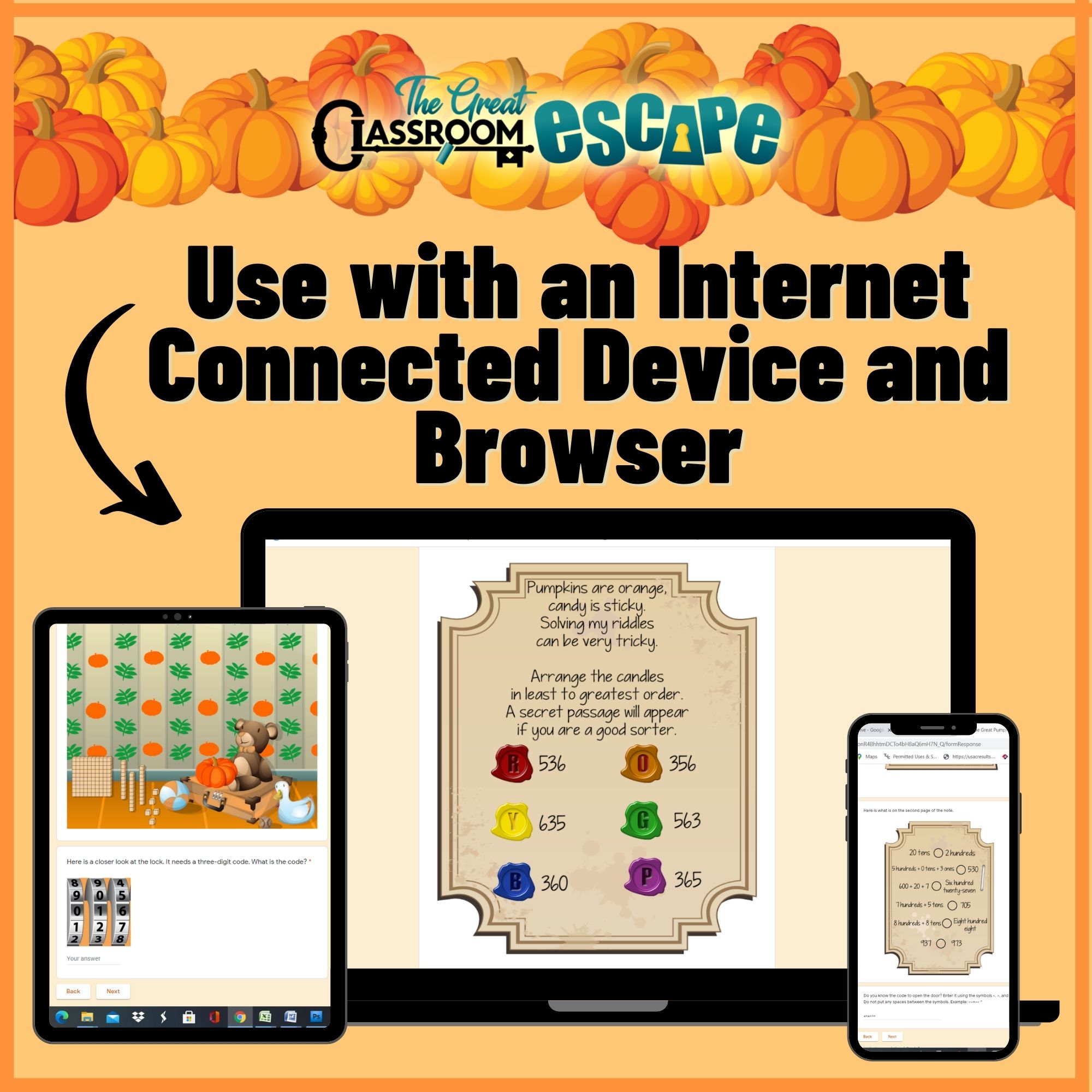 Pumpkin place value escape room displayed on a computer, tablet, and phone