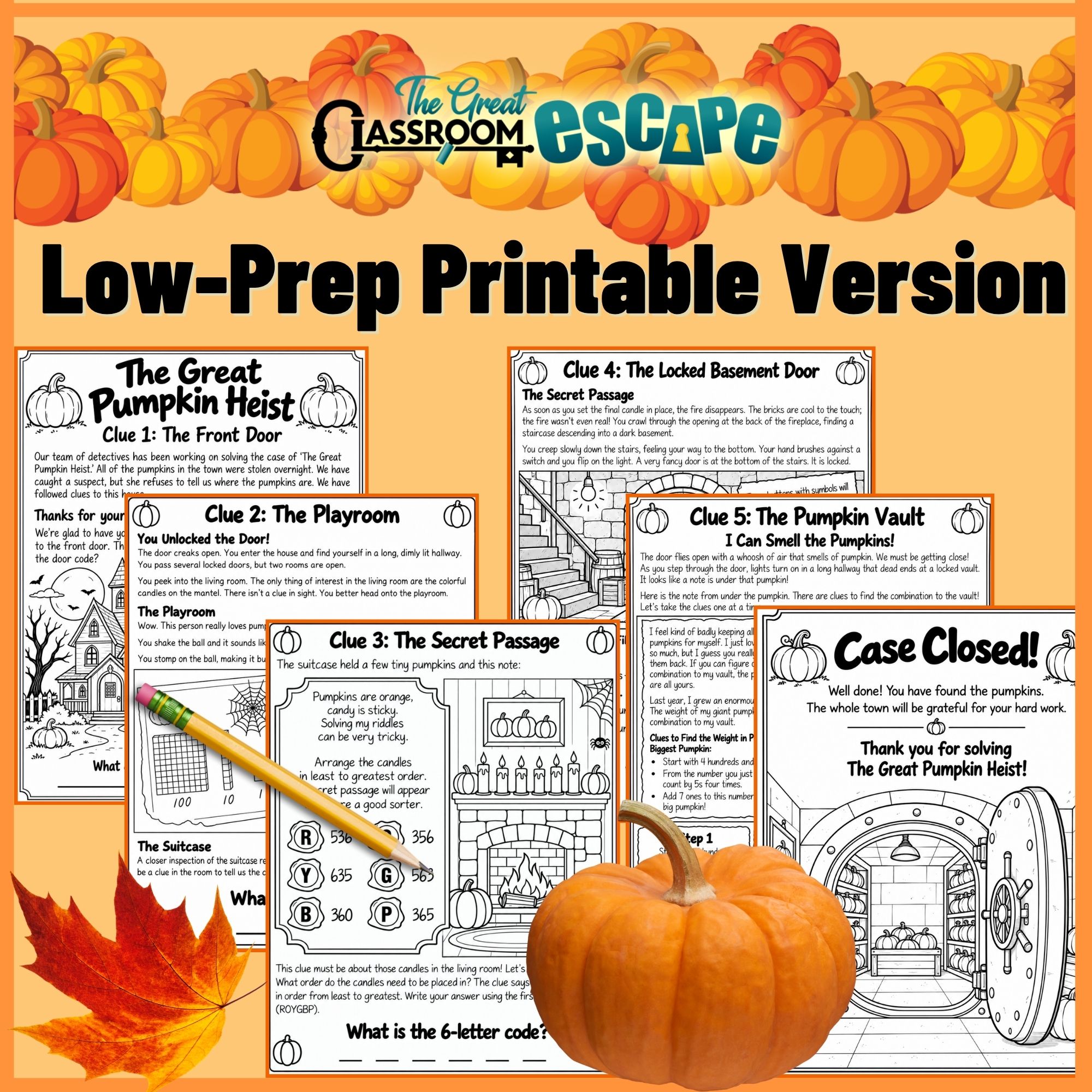 Printable 2nd grade Halloween place value escape room worksheets with pumpkin-themed clues