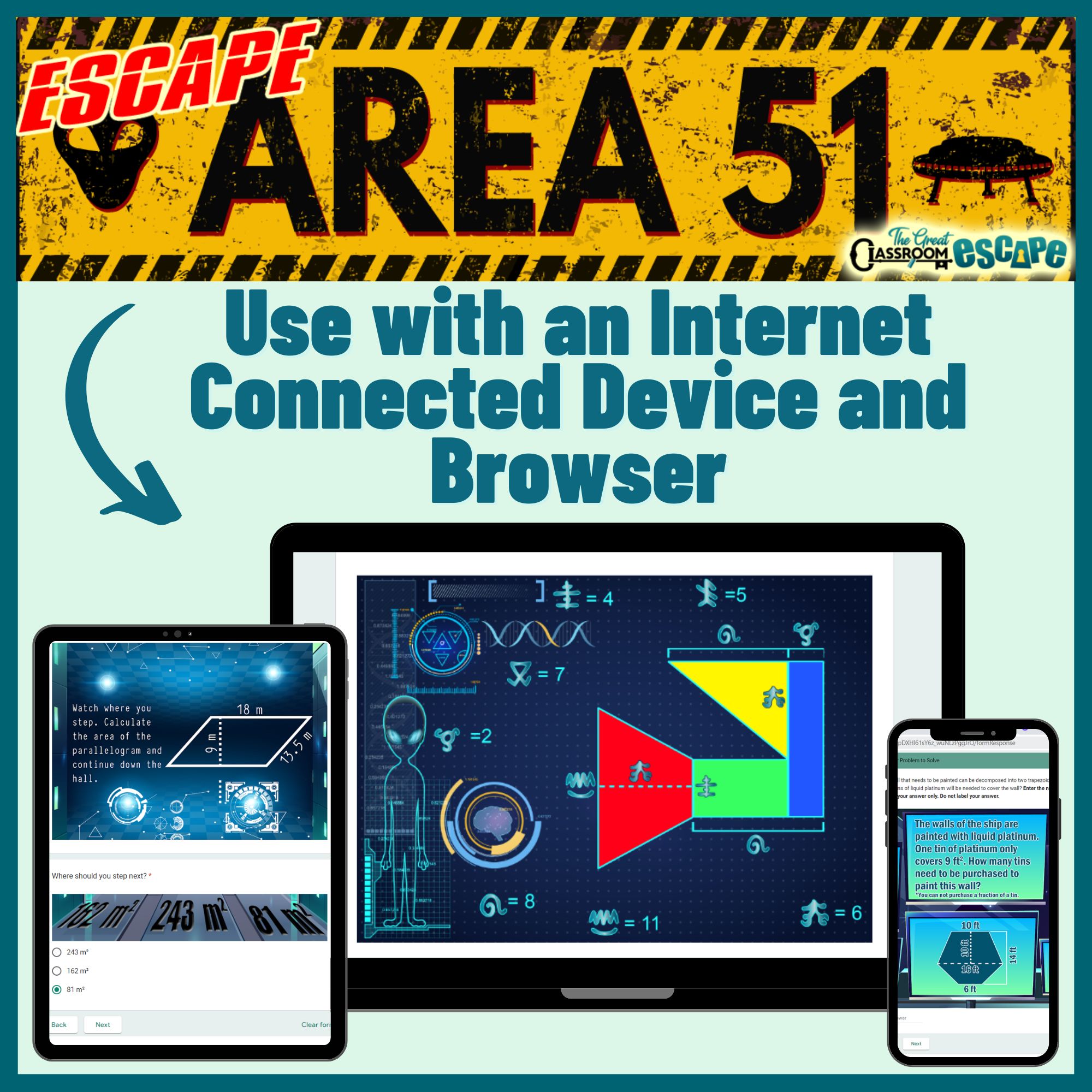 Area of triangles and composite shapes escape room displayed on a computer, tablet, and phone