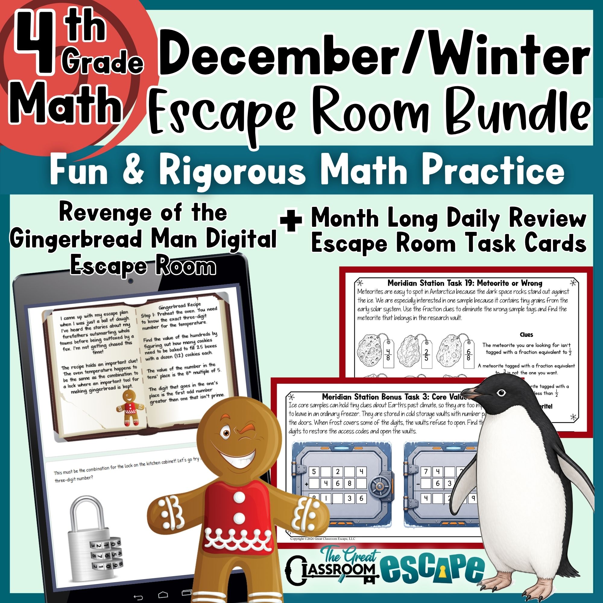 4th Grade Winter Math Escape Room Bundle | December Review