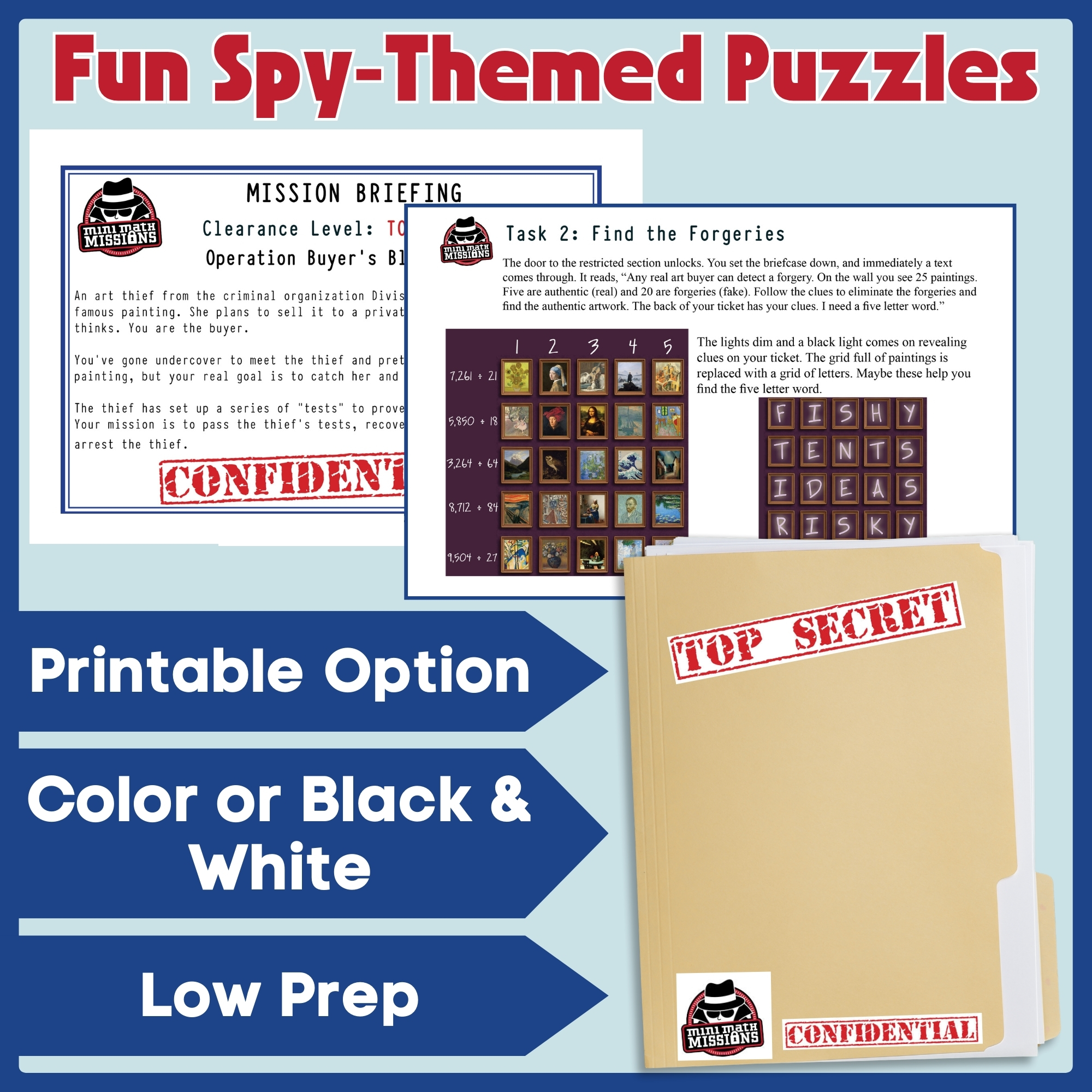 Printable long division spy puzzles with an art gallery code and mission briefing, available in color or black and white.