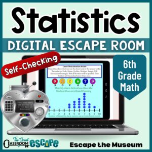 Cover of the self-checking 6th grade statistics digital escape room Escape the Median Museum