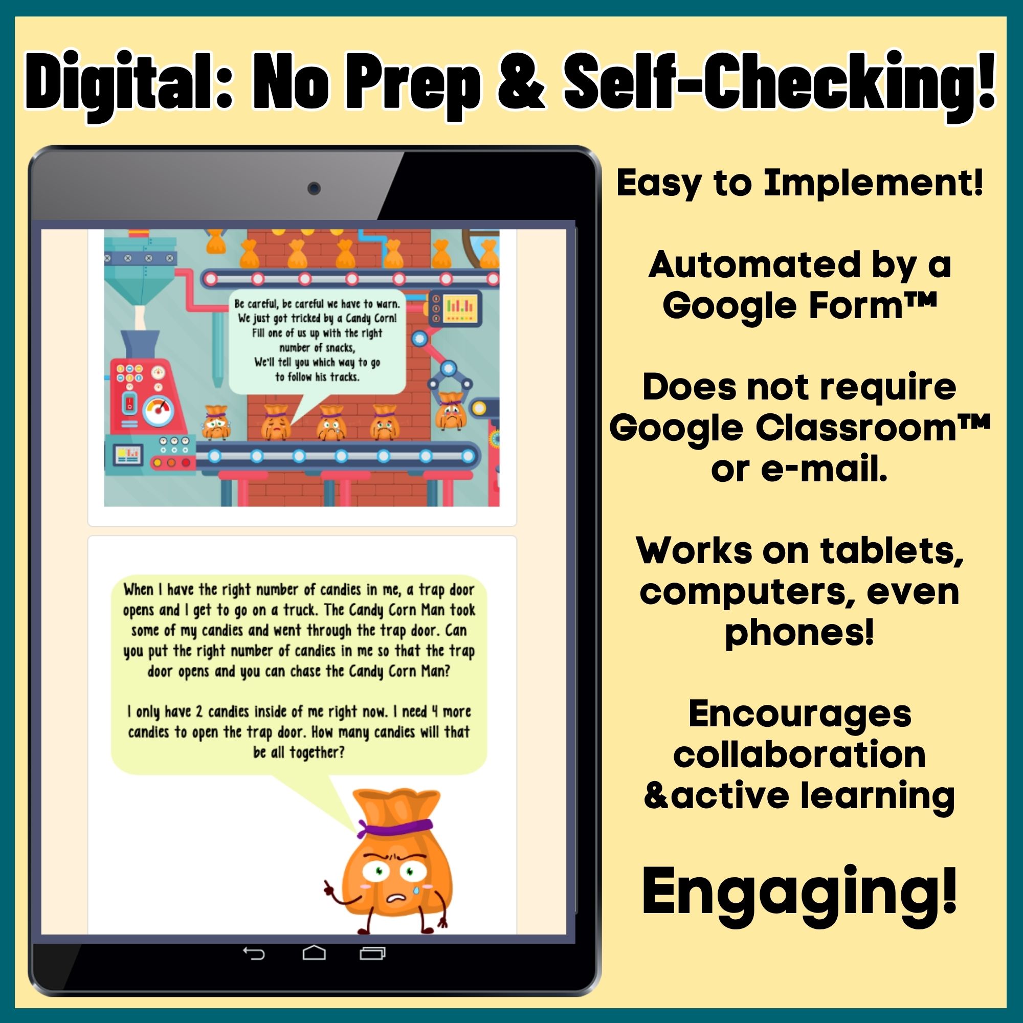 Self-checking digital 1st grade Halloween math escape room for addition subtraction and place value