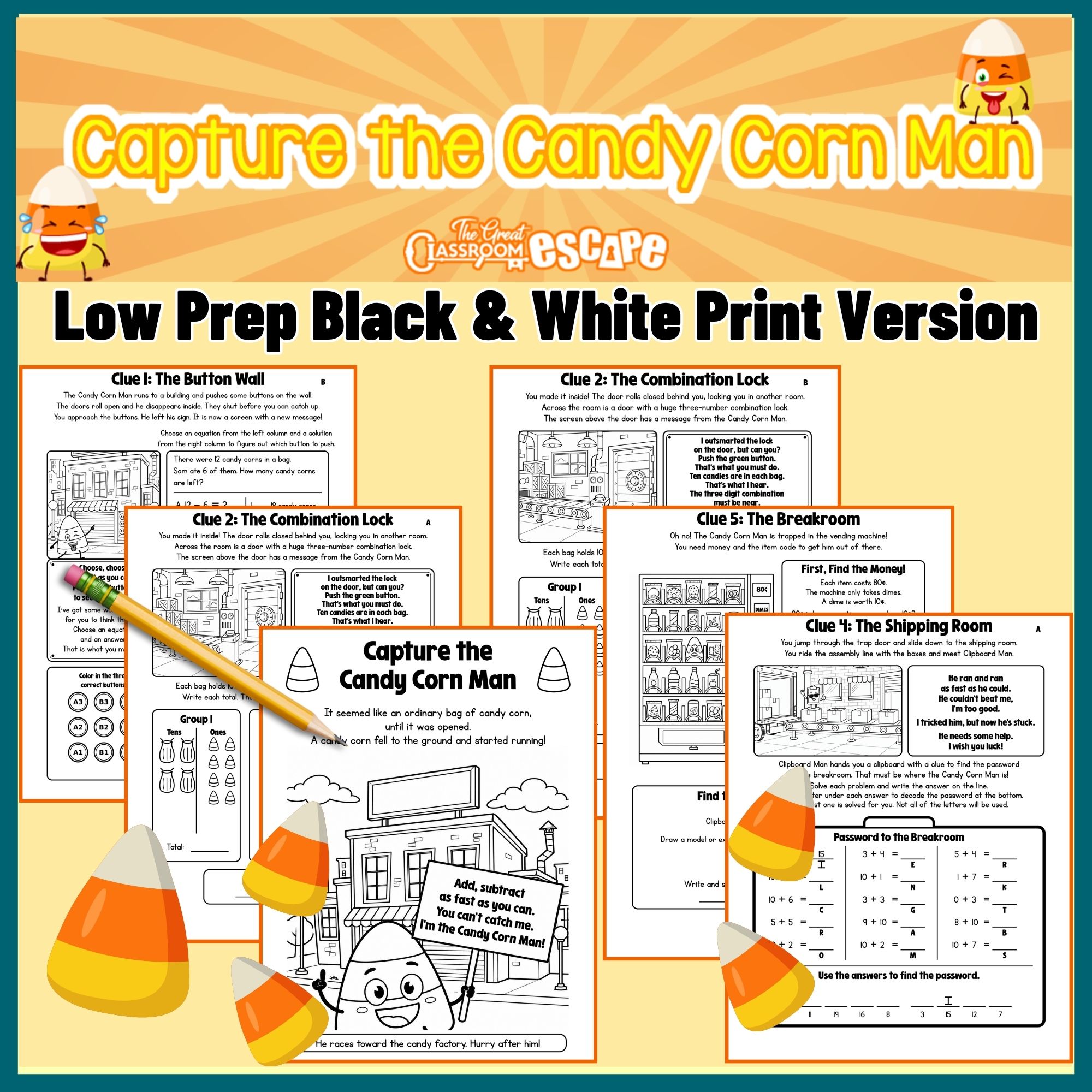 Low-prep printable 1st grade Halloween math escape room with addition subtraction and place value clues