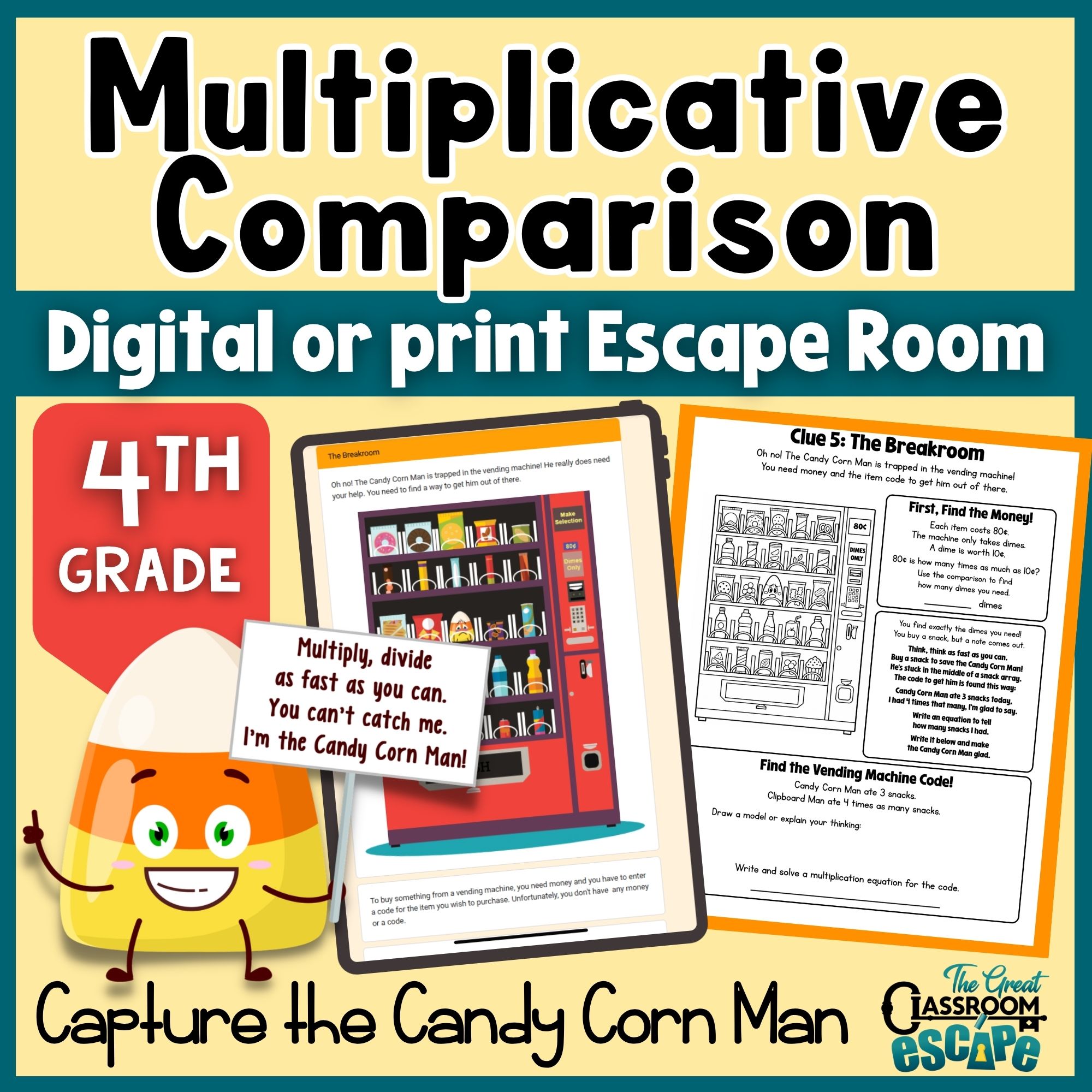 4th grade Halloween math multiplicative comparison escape room with printable and digital activities