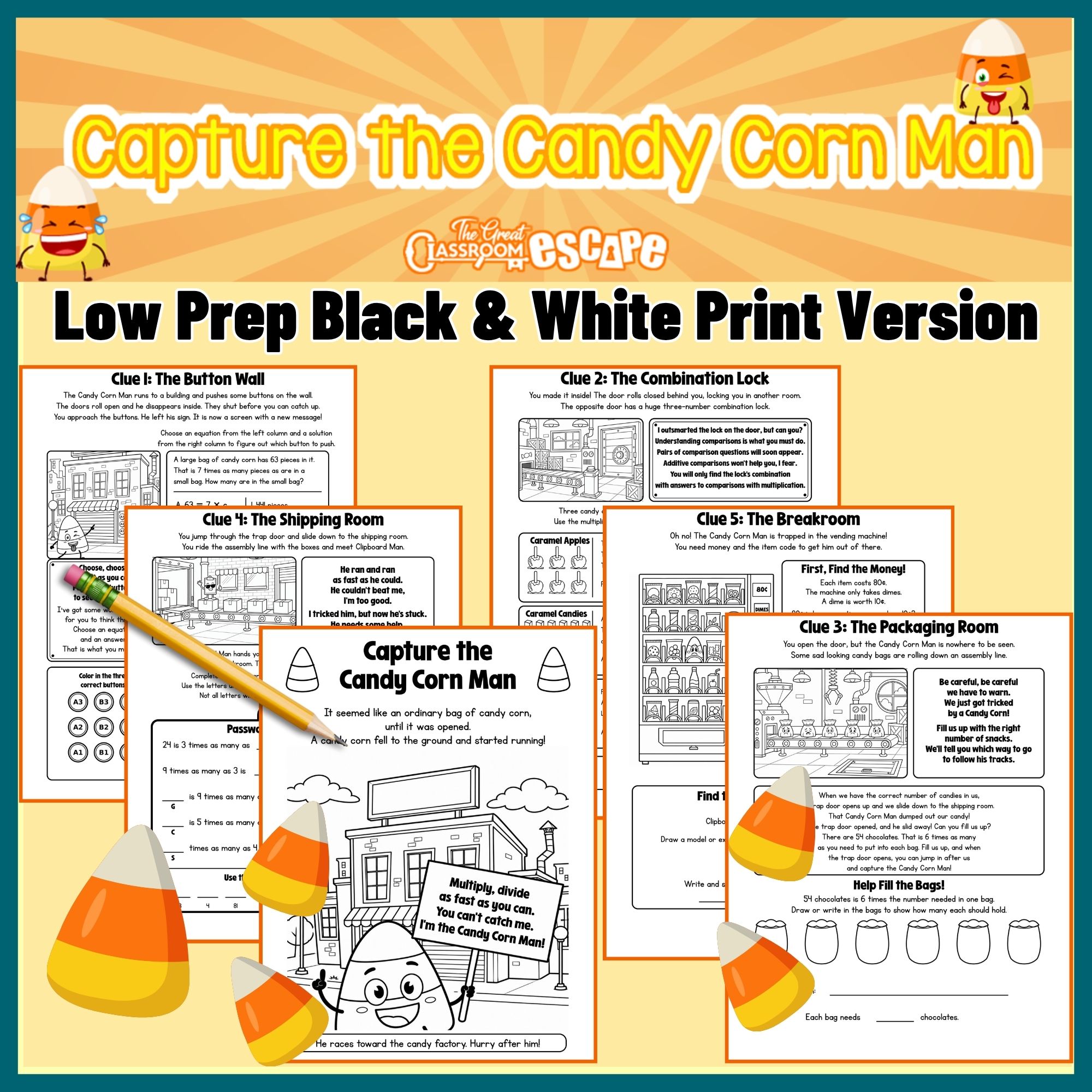 Printable 4th grade multiplicative comparison escape room clue pages with a candy corn theme