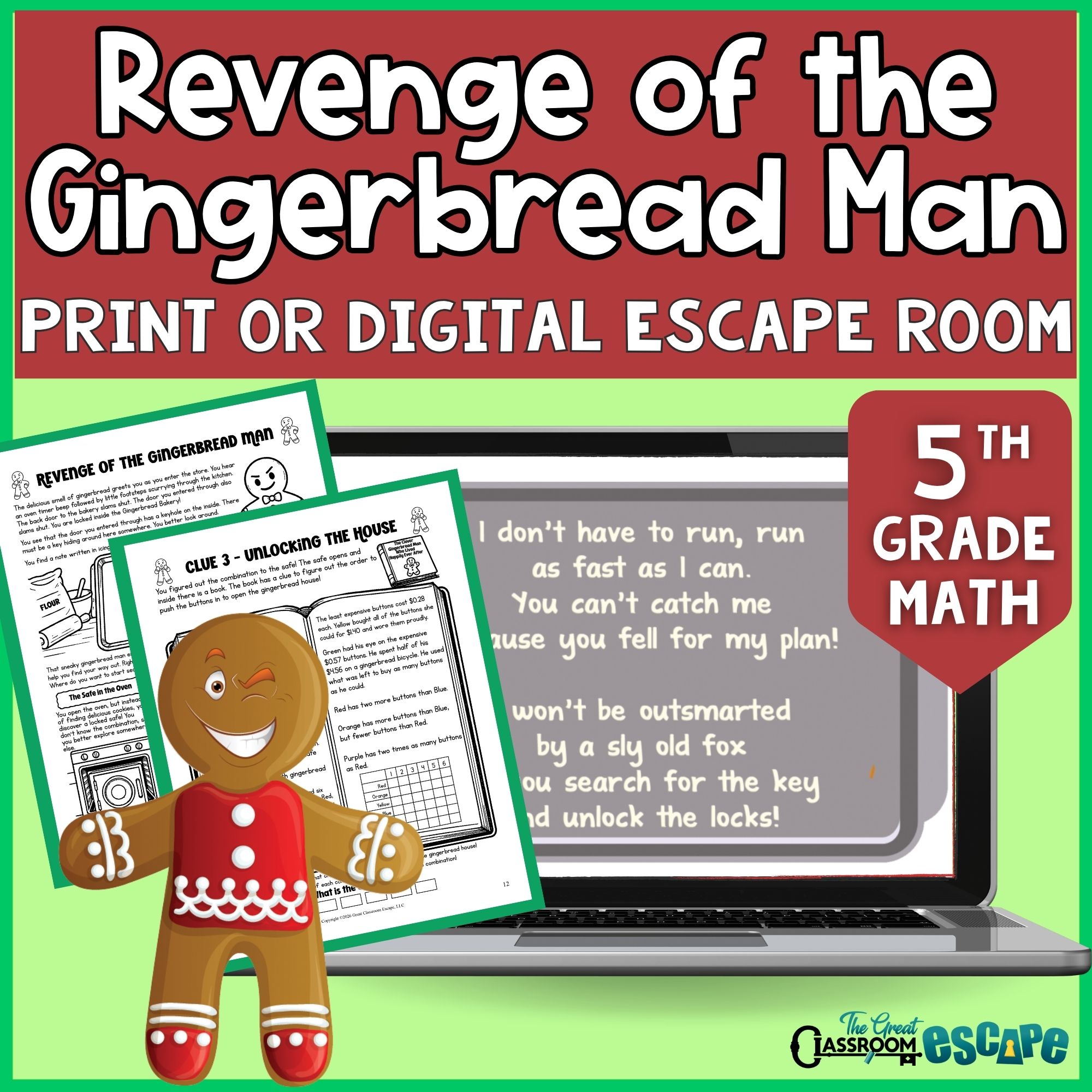 5th grade winter math escape room with printable and digital Gingerbread Man activities