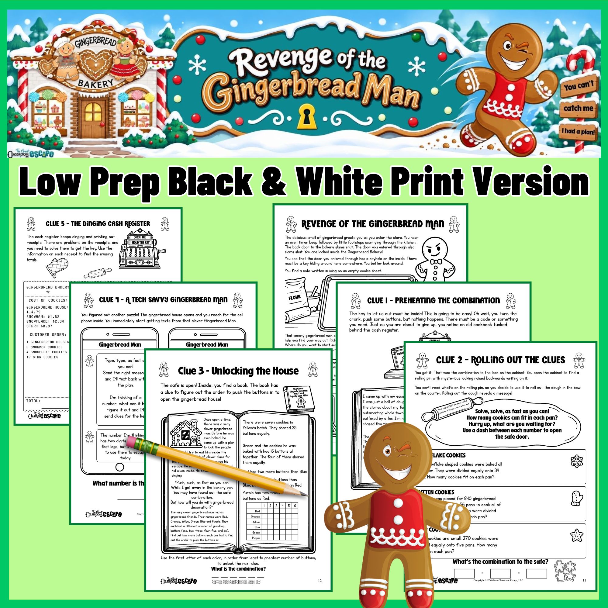 Printable 5th grade winter math escape room with Gingerbread Man puzzle pages