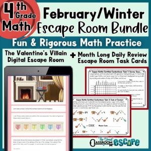 4th grade February math escape room bundle with Valentine’s Day activity and spiral review task cards