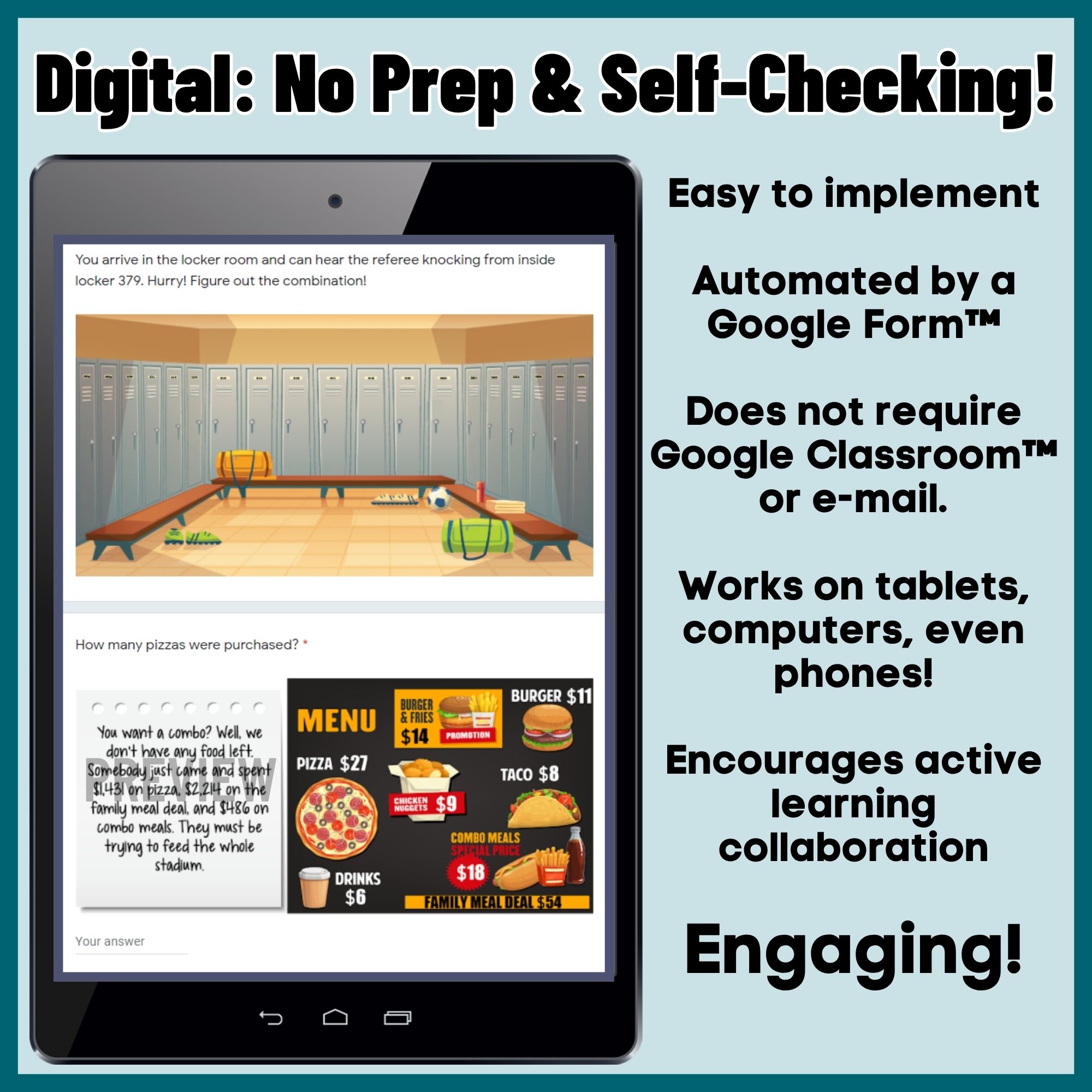 Self-checking digital 5th grade long division escape room in Google Forms