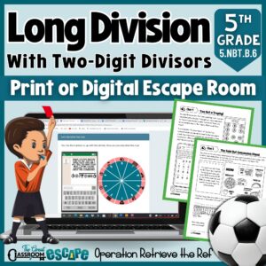 5th grade long division escape room with two-digit divisors in print and digital formats