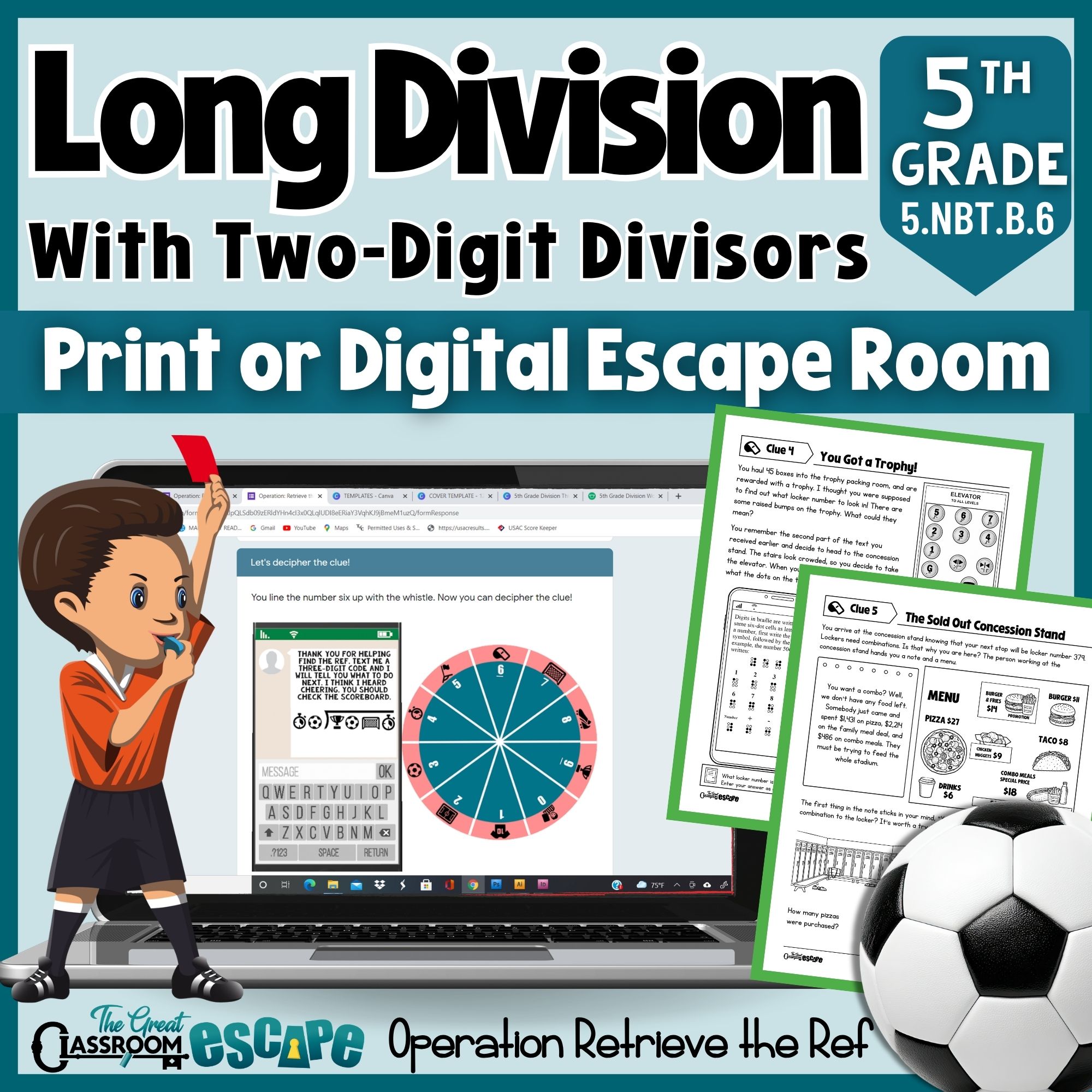 5th grade long division escape room with two-digit divisors in print and digital formats