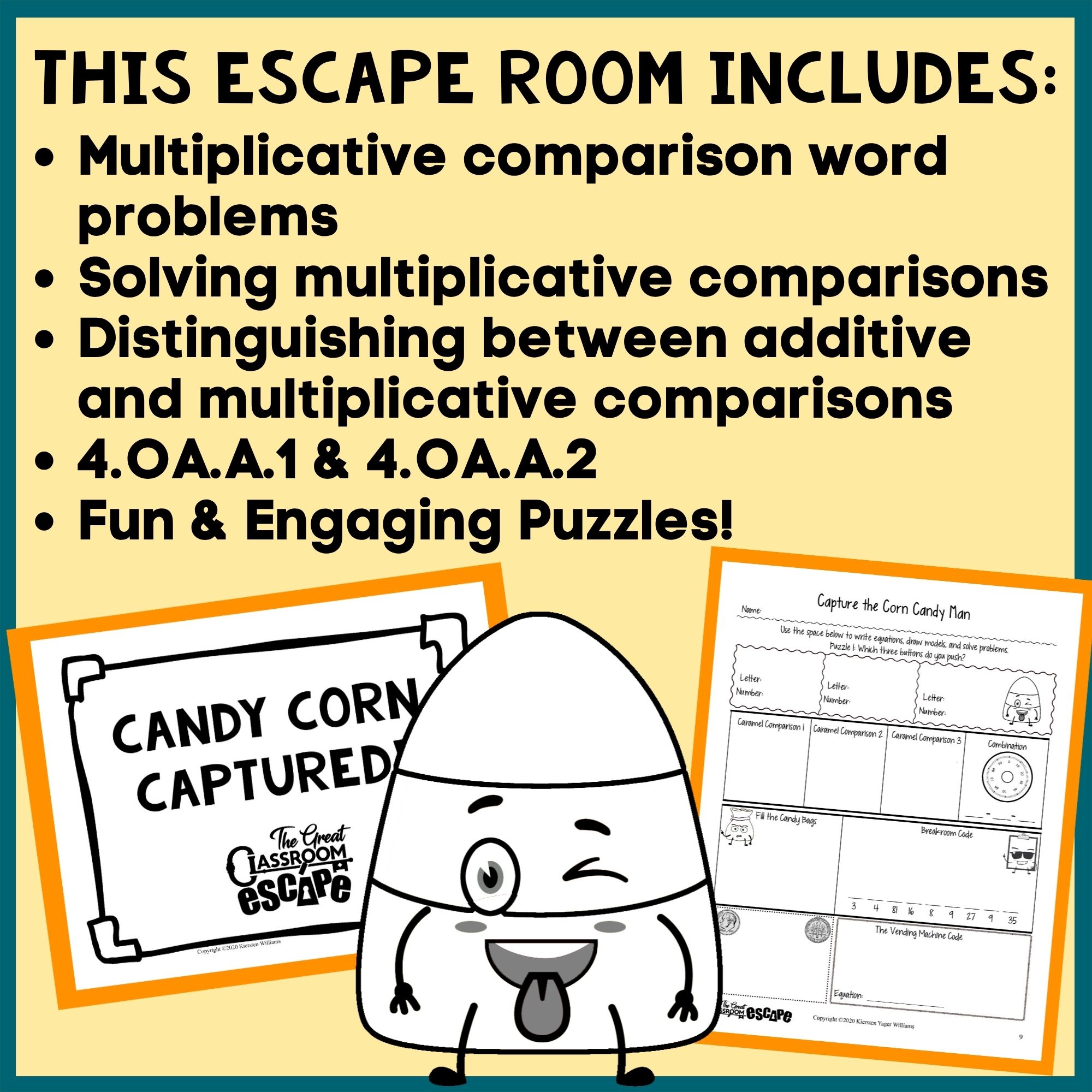4th grade multiplicative comparison escape room skills including word problems and additive versus multiplicative comparisons