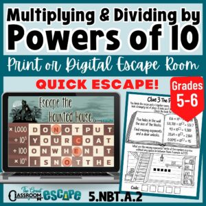 5th grade powers of 10 escape room with printable worksheet and digital haunted house activity