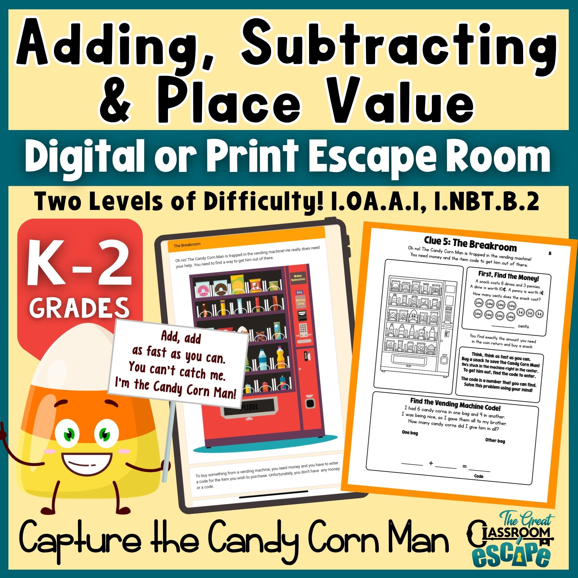 1st grade Halloween math escape room with printable and digital addition subtraction and place value activities