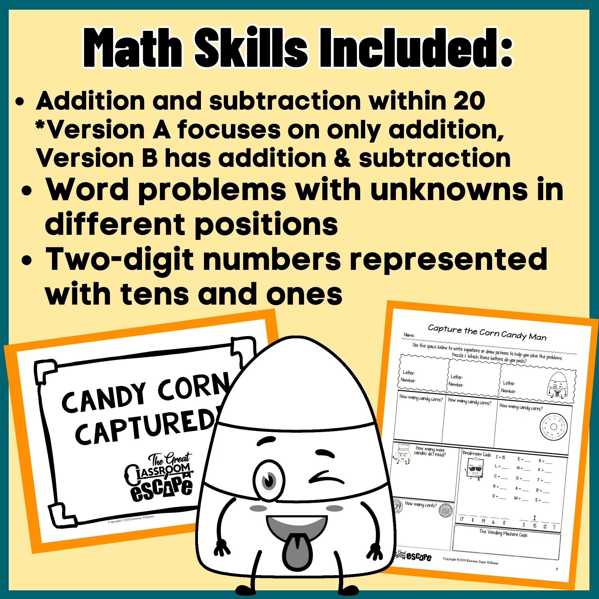 Math skills in a 1st grade Halloween escape room including addition subtraction word problems and place value