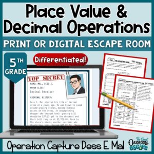 5th grade decimal place value and operations escape room in print and digital formats